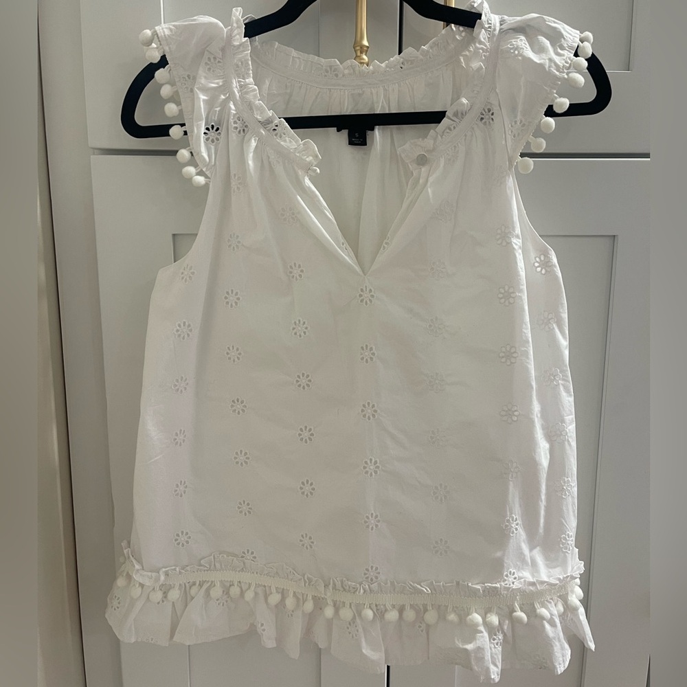 J. crew White Eyelet Top with Pom-Pom Detail